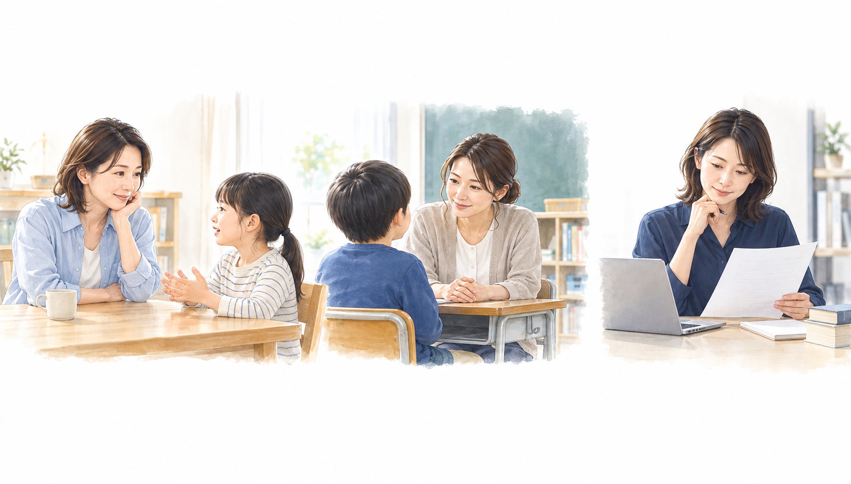 家庭で子どもの話を聴く場面、学校で子どもと向き合う場面、資料を読み確かめる場面のイメージ